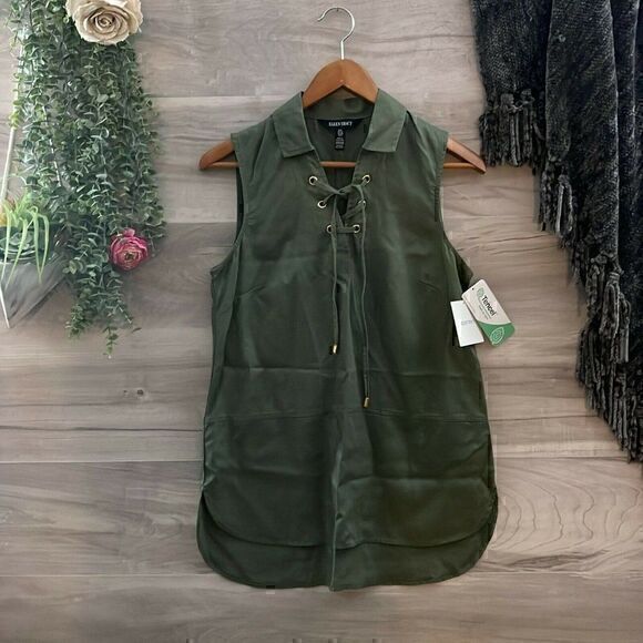 Ellen Tracy Womens Olive Green Sleeveless Collared Tunic Blouse Top Size Small - Picture 1 of 9